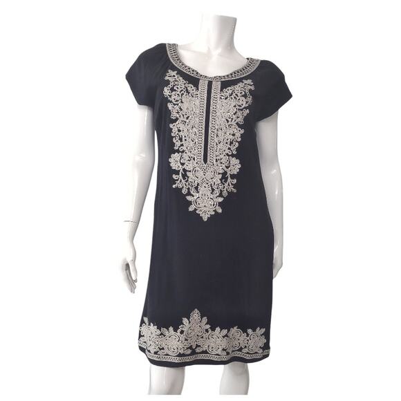 INC Black T-Shirt Shift Dress Size L Cream Embroidery Sequin Details Resort Wear - Picture 1 of 9